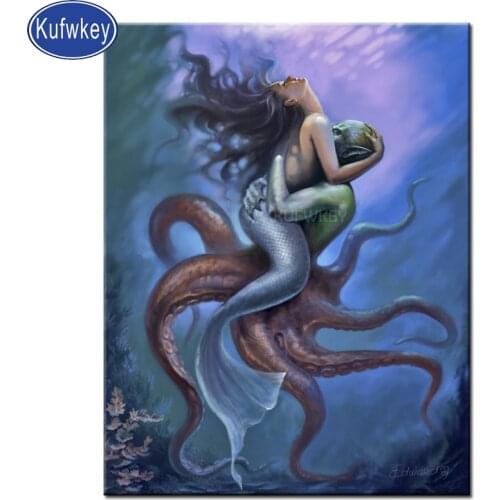 Diy Diamond embroidery Full round,Mermaid and Octopus love kiss 5d Diy diamond painting Couple Cross-stitch mosaic diamond sea