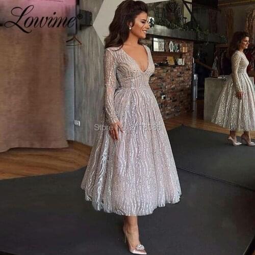 Sparkly Glitter Party Dress Tea Length V Neck Women Evening Dresses 2019 Full Sleeves Dubai Arabic Prom Gowns Vestido De Festa