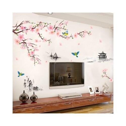 Ink Peach Blossom Wall Sticker Sofa TV Background Wall Decals Living Room Wall Decoration Landscape Painting Vintage Home Decor