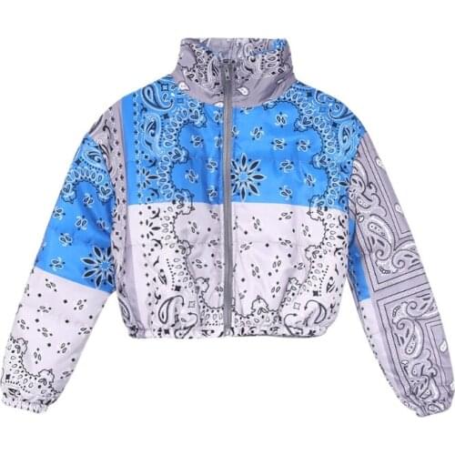 Women Paisley Print Puffer Jacket Long Sleeve Stand Collar Zip Up Cropped Bubble Coat Color Block Oversized Parkas H9ED