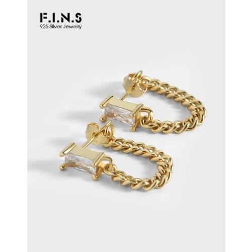 F.I.N.S Korean Style INS Design Square Zirconia Chain S925 Sterling Silver Stud Earrings Minimalist Earlobe Fine Jewelry