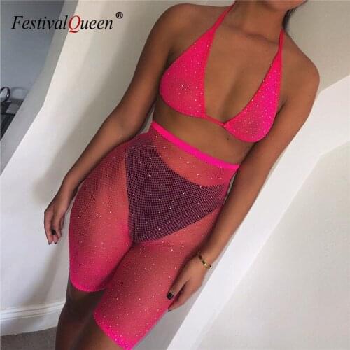 Fishnet Bling Crystal Diamonds Two Piece Set Lace Up Low Cut Backless Crop Top High Waist Shorts Sexy See Through Club Outfits