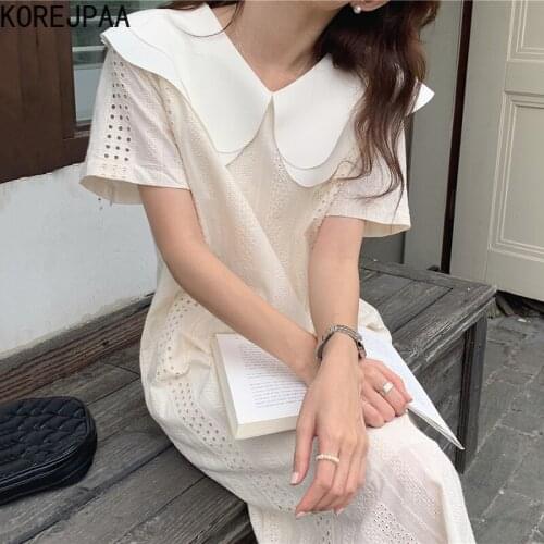 Korejpaa Women Dress 2021 Summer Fashion Gentle Double-layer Doll Collar Irregular Wave Side Openwork Lace Crochet Vestidos
