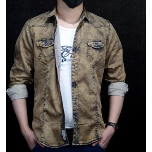 Tooling washed denim sexy shirt men long sleeve shirt teenage korean shirt mens personality stage singer dance