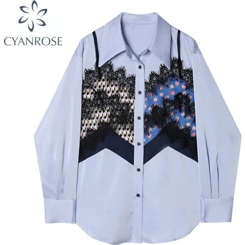 New Shirt Vintage Fake Two-piece Blouse Womens Chic Autumn 2021 Long Sleeve Lace Splicing Blouse FashionSolid Color Long Sleeve