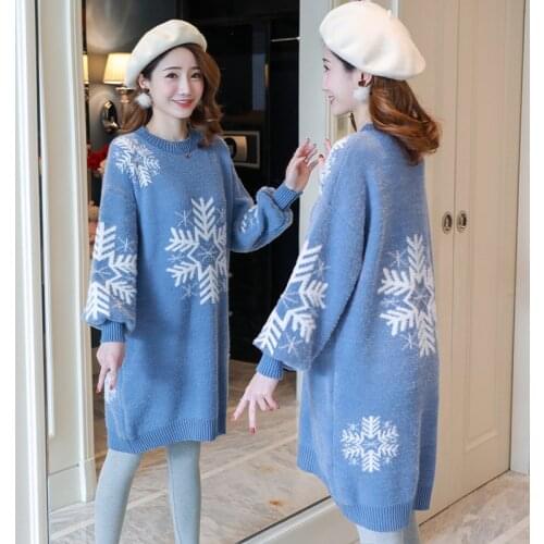 2021New Winter Womens Warm Maternity Sweater snowflake Print Knitting Long Sleeve Boat Neck Tunic Pregnancy Long Sweater Dress