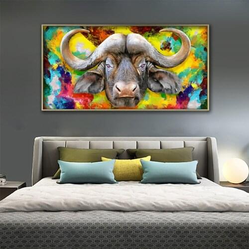 Posters and Prints Wall Art CanvasAnimal Painting,Modern Abstract Yellow Green Yak Wall Art Pictures for Living Room Home Decor