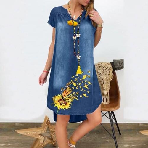2021 Women Dresses Short Sleeve V Neck Jean Dress Denim Short Party Dress Summer Casual Loose Dresses For Ladies Sundress