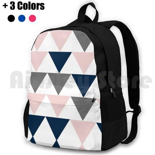 Arrows In Navy Blue , Charcoal Grey , And Blush Pink On White. Minimalist Geometric Contemporary Design Outdoor Hiking Backpack