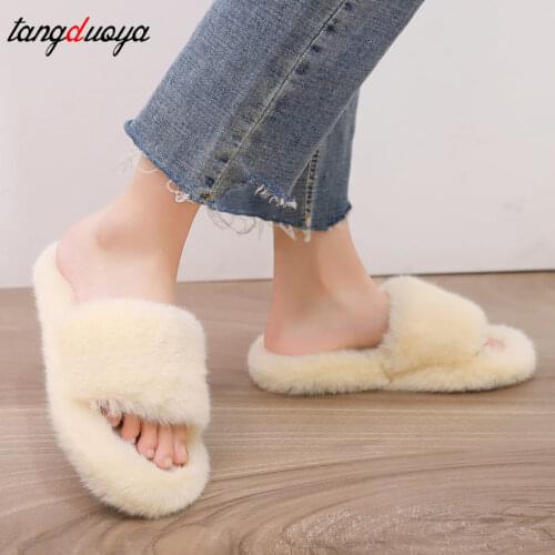 Winter Women House Slippers Faux Fur Fashion Warm Shoes Woman Slip on Flats Female Slides Black Pink cozy home furry slippers