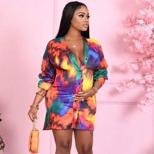 2021 Tie Dye Floral Print Long Sleeve Shirt Blouse Women V Neck Summer Autumn Sexy Office Lady Casual Bodycon Party Mini Dresses