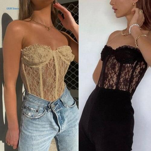 Women Sexy Strapless Sheer Mesh Crop Top Ruffles Floral Lace See-Through Corset Bustier Club Party Bralette Underwear