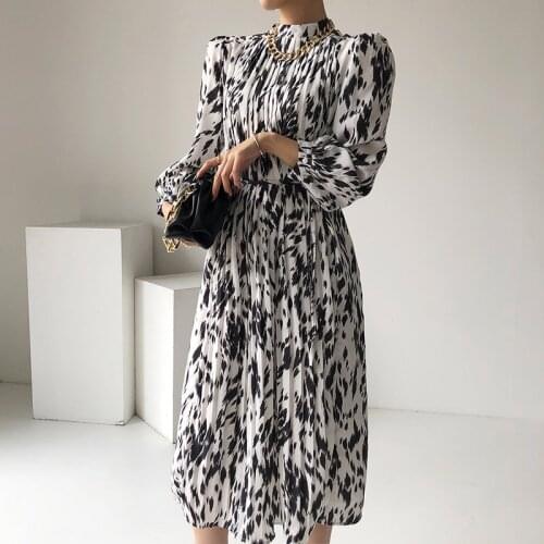 Vintage Long Dress Popular Full Sleeve 2021 Spring Fall New Loose A-Line Printed Leopard Pleated Women Dress Elegant Dress s640