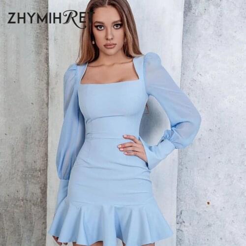 ZHYMIHRET 2020 Autumn Square Collar Ruffles Summer Dress Women Chiffon Lantern Sleeve Patchwork Sexy Bodycon Mini Vestidos
