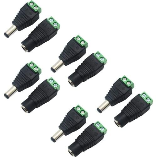 10Pcs 5.5mm x 2.1mm Female Male Connector DC Power Plug Adapter for 5050 3528 5060 Single Color LED Strip Light CCTV Cameras 12V