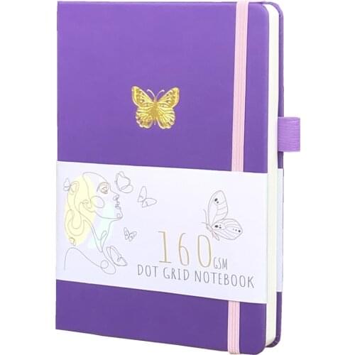 A5 Butterfly Bullet PlannerDotted Notebook Dot Grid Journal Purple Hardcover 160gsm bamboo paper, 5*5mm dots