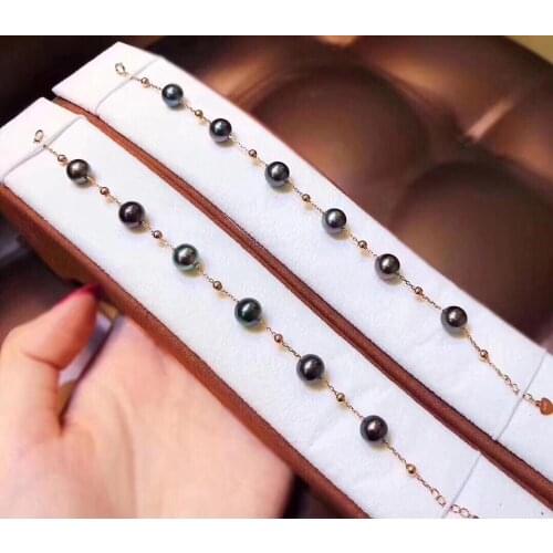 D109 Fine Jewelry Pure 18K Gold Natural Fresh Water 8-7mm Black Pearls Bracelets for Women Fine Pearls Bracelets