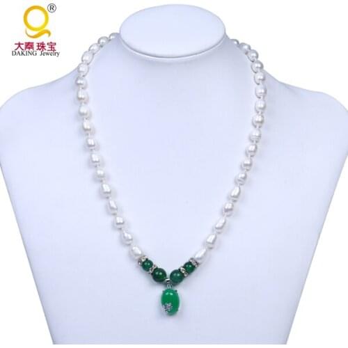 Daking 7.5-8.5mm Beautiful GORGEOUS! GREEN stone, PEARL NECKLACE 20" women Real pearls jewelry
