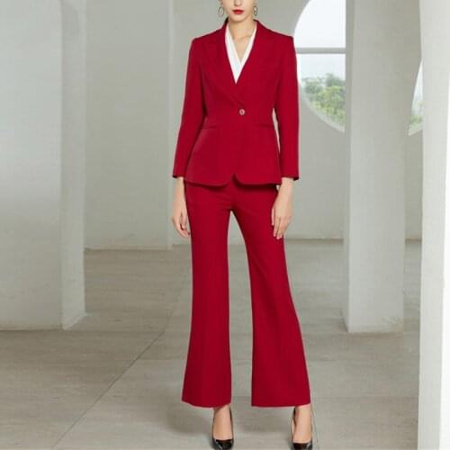 Elegant Office Lady Womens Pant Suits Ladies Single Button Jacket Blazer & Flared Pants Spring 2 Pieces Blazer Set Femme