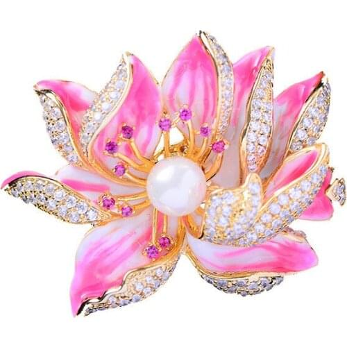 Enamel Peony Flower Broche Bijoux 2021 Fashion Coat Suit Pin Cubic Zirconia Oil Drop Brooches Pins Brand Wedding Jewelry