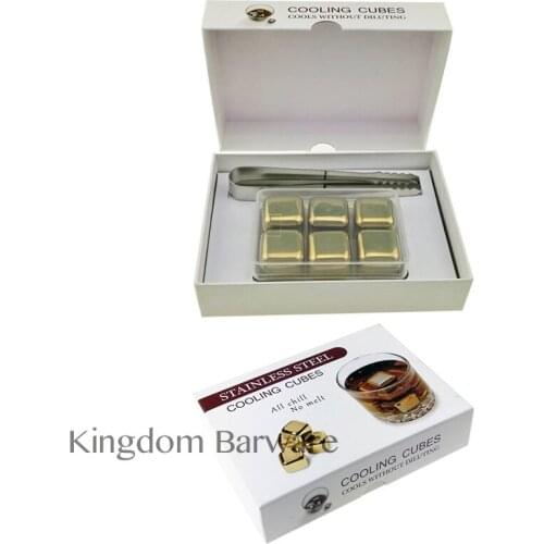Whiskey Stones Rocks Gold Cube Shape Stainless Steel Ice Cube Tongs & Storage Box Chilling Stone Chiller Reusable Pack of 6