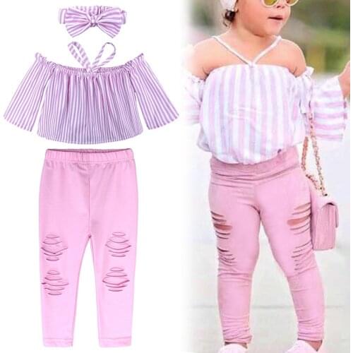 3pcs Girl Clothes Set Off Shoulder Top T Shirt Shredded Pants Headband For Toddlers Kids Children Outfits Casual Childrens Sets