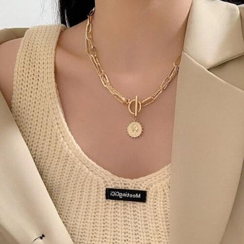 Portrait Pendant Necklace for Women Gold Color Coin Thick Clavicle Chain Necklace Gothic Vintage Collier Collares Jewelry