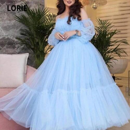 LORIE Arabic Prom Dresses 2020 Beaded Pleats A-Line Light Blue Puff Long Sleeves Evening Gown Celebrity Party Dress 2021