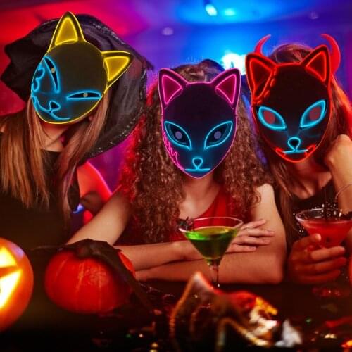 Light Up Fox Mask Japanese Anime Cosplay Masks Demon Slayer Scary Glow LED Halloween Party Rave Facemask Masquerade Costume Prop
