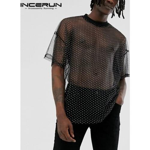 Fashion Men Mesh T Shirt Short Sleeve Polka Dot Print Transparent Summer Streetwear T-shirts Men Sexy Party Tops S-5XL INCERUN