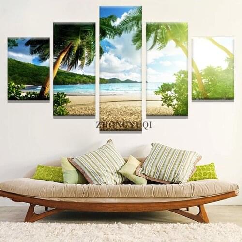 Wall Art Canvas Prints Paintings Posters 5 Pieces Beach Palm Tree Group Seascape Pictures For Living Room Home Decor Framework