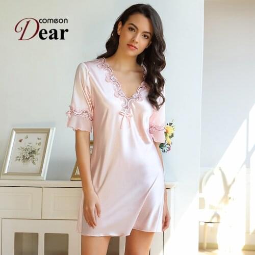 Comeondear Sexy Silk Satin Nightwear V-neck Nightgown 3XL Large Size Short Sleeve Night Wear Lace NIght Shirt Fashion Sleepwear