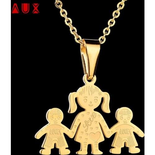 Auxauxme Cute Cartoon Stainless Steel Pendants Family Necklaces Mom Son Gold Color Love Heart Childrens Day Gift