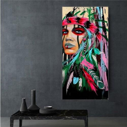 With Feather Posters And Prints For Living Room Wall Decor Pop Art Indian Girl Canvas Art Wall Paintings Watercolor Indian Woman