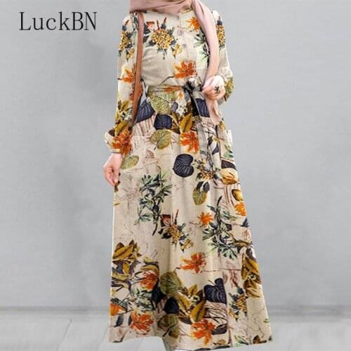 Retro Floral Printed Maxi Dress Womens Clothing Autumn Sundress 2021 Female Abaya Dubai Hijab Muslim Dress Kaftan Vestidos Robe