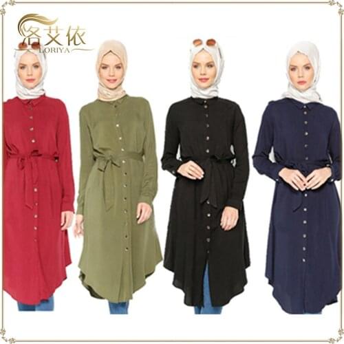 Casual Muslim Blouse Womens Tops Shirt Dress Belt Long Abaya Robe Gowns Jubah Ramadan Arabic Dubai Kaftan Islamic Clothing