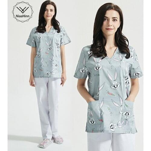 Nutritionist dustproof work clothes Cotton uniform Scrubs tops Childrens Checkup Center work wear cartoon printing spa uniforms