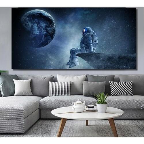 RELIABLI ART mysterious Solar System Earth And Astronaut Canvas Painting Wall Art Picture for Living Room Home Decor Cuadros