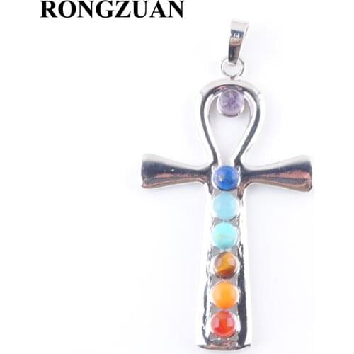 RONGZUAN Natural Gem Stone Beads Healing Reiki Chakra Meditating Figure Cross Pendant Charm Jewelry 1pcs TN3262