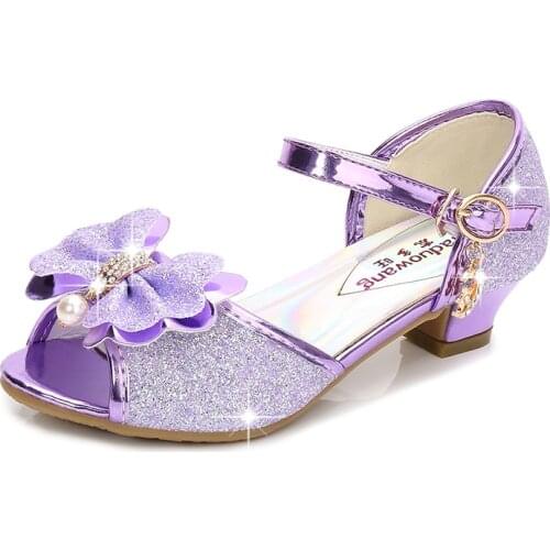 NEW Sandals Girls Princess Shoes High-Heeled Waterproof Non-Slip Shiny Crystal Shoes Pearl Rhinestone Butterfly Knot Children Sh