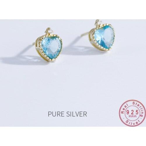 HI MAN 100% S925 Sterling Silver European INS Heart Blue Crystal Stud Earrings Women Fashion Party Jewelry Accessories