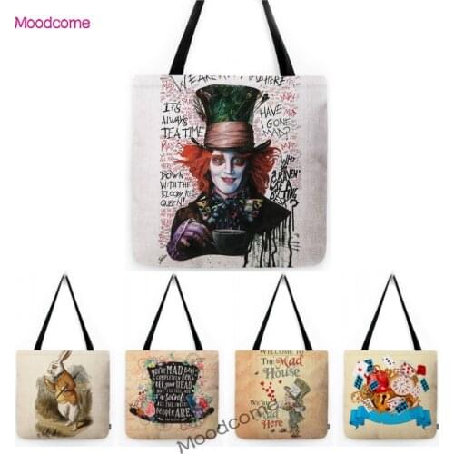 Cute Alice Wonderland Hatter Rabbit We all Crazy Quotes Fairy Tale Art Children School Tote Bag Lovely Cotton Linen Shoulder Bag