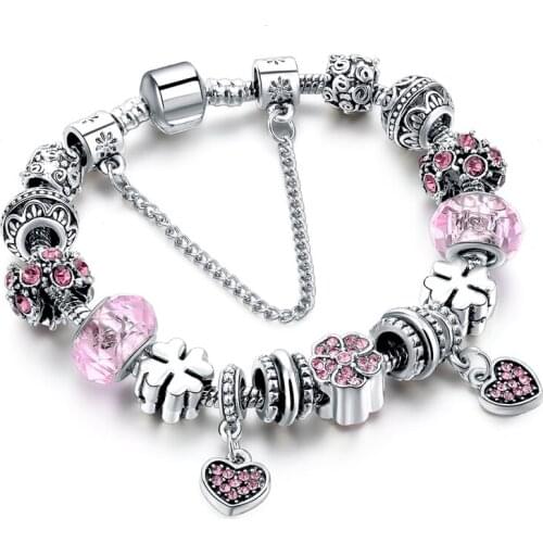 Szelam European Pink Crystal Charm Bracelets For Women Murano Beads Bracelets Bangles DIY Fashion Silver Jewelry SBR160292