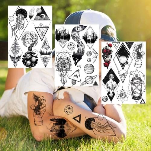 Fox Black Geometric Temporary Tattoos For Men Women Mountain Flower Tattoo Sticker Universe Planet Body Arm Art Jellyfish Tatoos