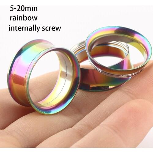 TIANCIFBYJS Surgical Steel Rainbow Anodized Screw-fit Piercing Ear Stretching Kit Lobe Plugs 0 Gauge Flesh Tunnel Earring 5-20mm