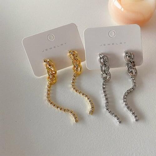Vintage Gold Color Linked Chain Long Tassel Earrings for Women Bling Bling Rhinestones Drop Dangle Earrings Minimalist Jewelry