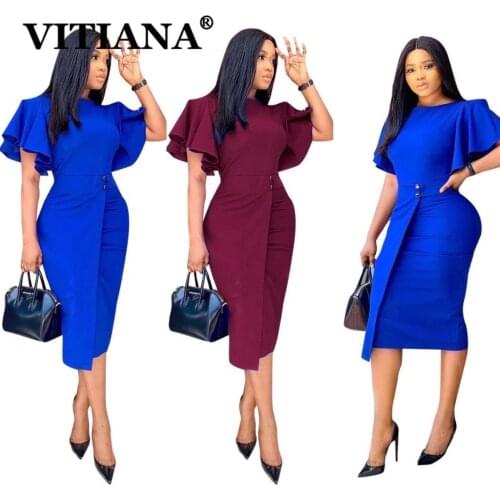 VITIANA Women Office Pencil Dress For Womens Sumemr 2020 Female Blue Butterfly Sleeve Midi Dresses Woman Wine OL Vestidos