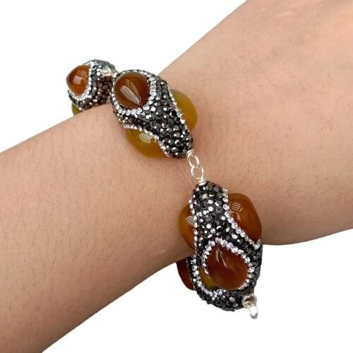 YYGEMyellow agate trimmed with black rhinestone Handmade wrap Bracelet 9" for women