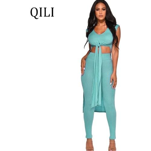 QILI Women Skinny Long Pants Jumpsuits Two Piece Set Solid Color Twill Elasticity Bandage Jumpsuits New 2019 Summer Jumpsuits