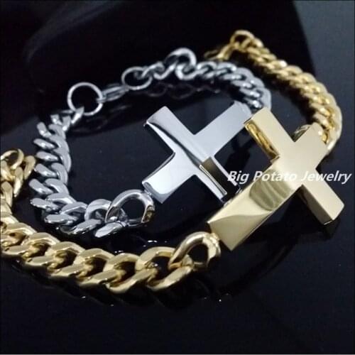 23.7g New 316L Stainless Steel Silver/Gold Color Cross Curb Cuban Chain Mens Womens Bracelet Bangle Fashion Jewelry 7.87"